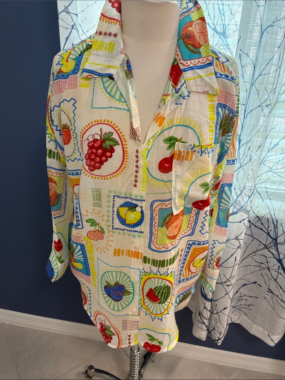 Peach White Multicolor Fruit-Print Button Front Blouse